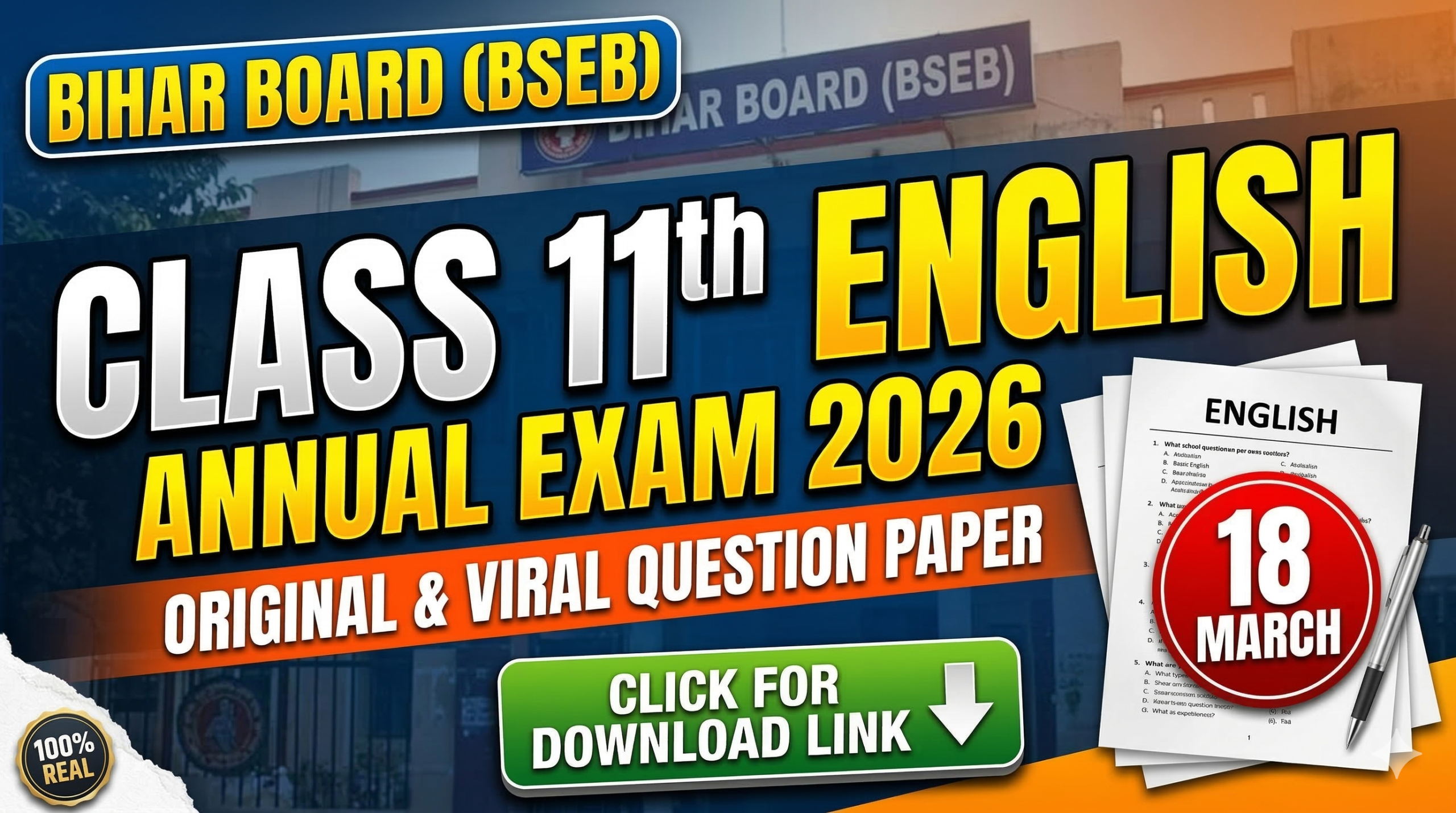 18 March Bihar Board Class 11th English Annual Exam 2026 Original Viral Question Paper Download Link