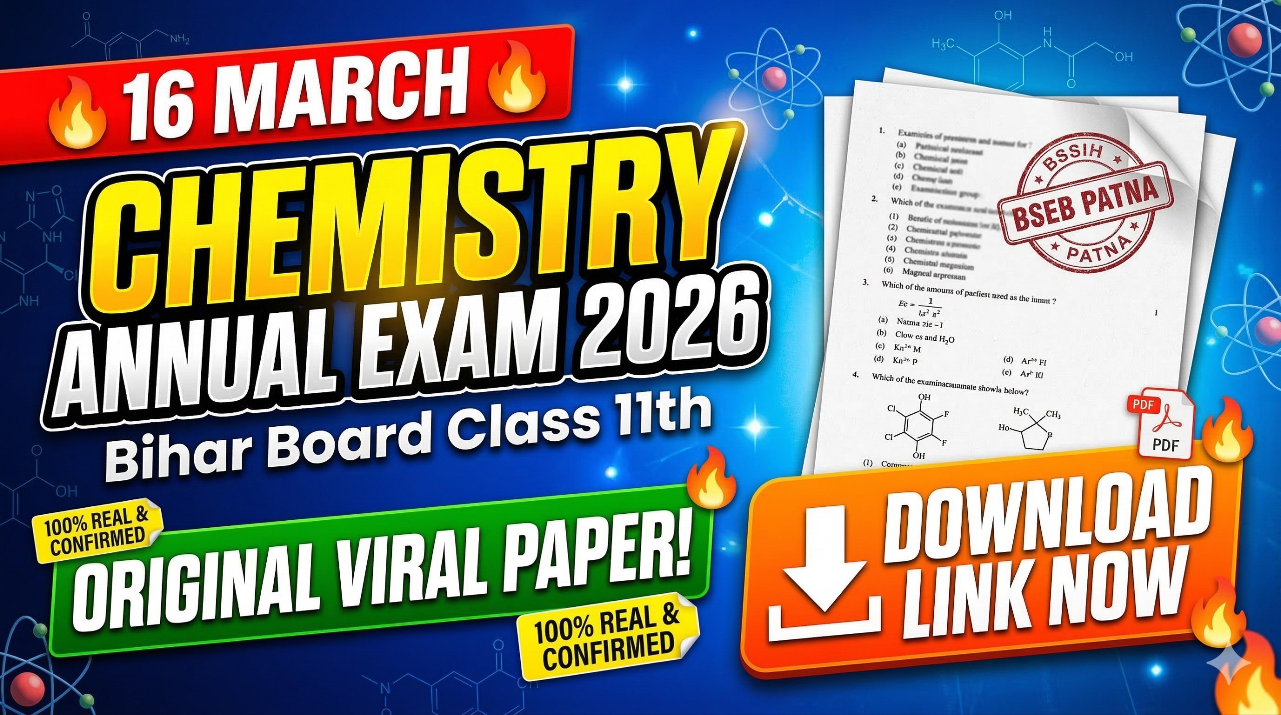 16 March Bihar Board Class 11th Chemistry Annual Exam 2026 Original Viral Question Paper Download Link
