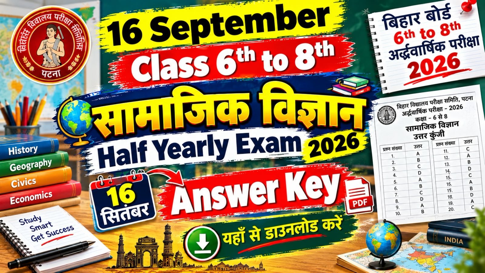 16 September Class 6th to 8th Social Science half yearly exam 2026 Answer Key: बिहार बोर्ड 6th to 8th, 16 सितंबर सामाजिक विज्ञान अर्द्धवार्षिक परीक्षा का आंसर की, यहाँ से डाउनलोड करें