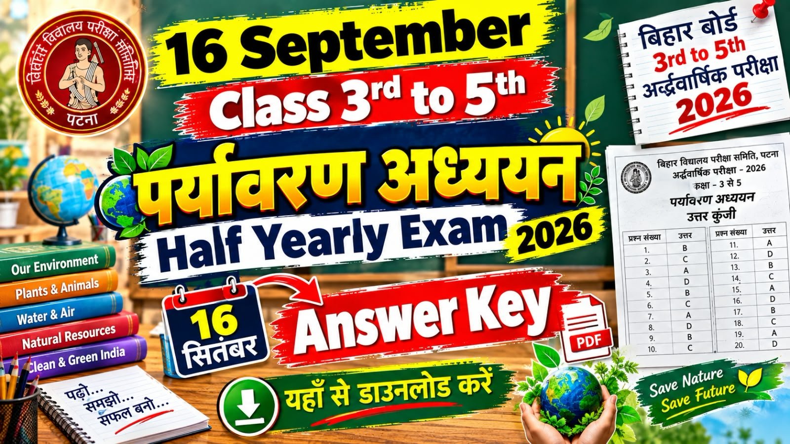 16 September Class 3rd to 5th Paryavaran Adhyayan half yearly exam 2026 Answer Key: बिहार बोर्ड 3rd to 5th, 16 सितंबर पर्यावरण अध्ययन अर्द्धवार्षिक परीक्षा का आंसर की, यहाँ से डाउनलोड करें