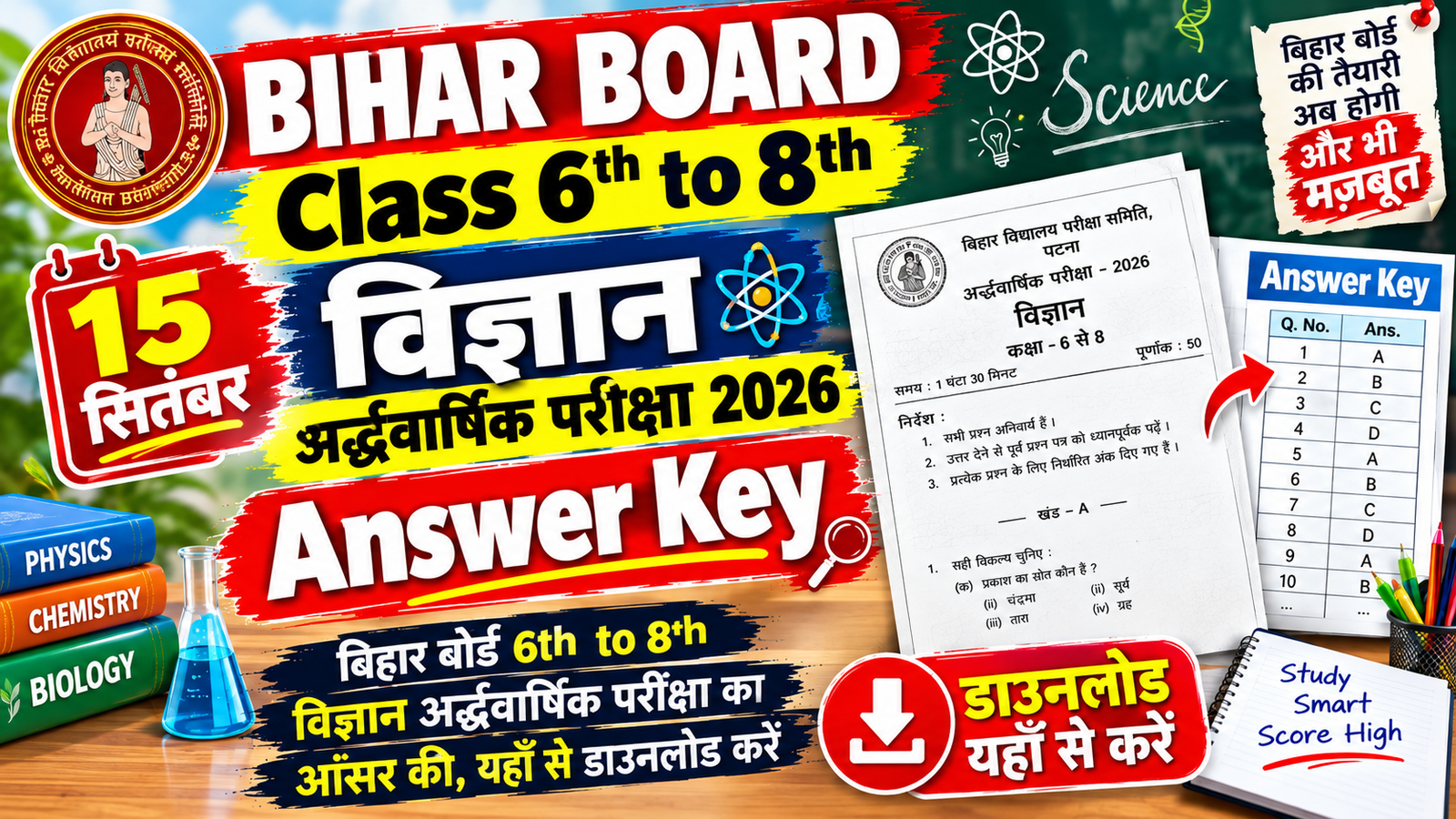 15 September Class 6th to 8th Science half yearly exam 2026 Answer Key: बिहार बोर्ड 6th to 8th, 15 सितंबर विज्ञान अर्द्धवार्षिक परीक्षा का आंसर की, यहाँ से डाउनलोड करें